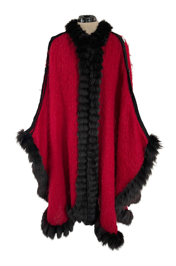 Fabulous 1970s Yves Saint Laurent Red Mohair Cape w Black Fox Fur Trim & Button Detailing