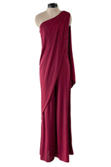 Fabulous 1970s Unlabeled Burgundy Jersey One Shoulder Wide Leg Jumpsuit
