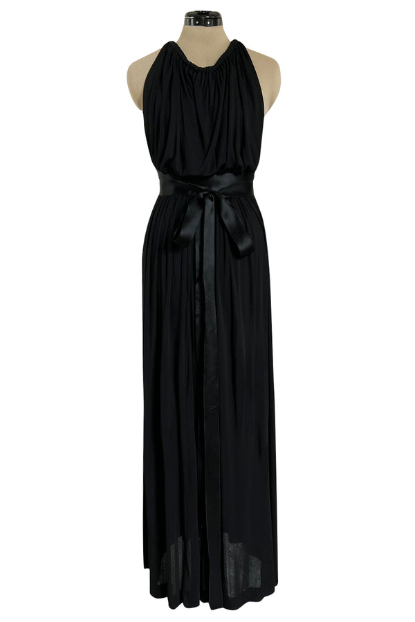 Incredible 1971-1973 Donald Brooks Backless Black Jersey Dress w Ribbon Ties