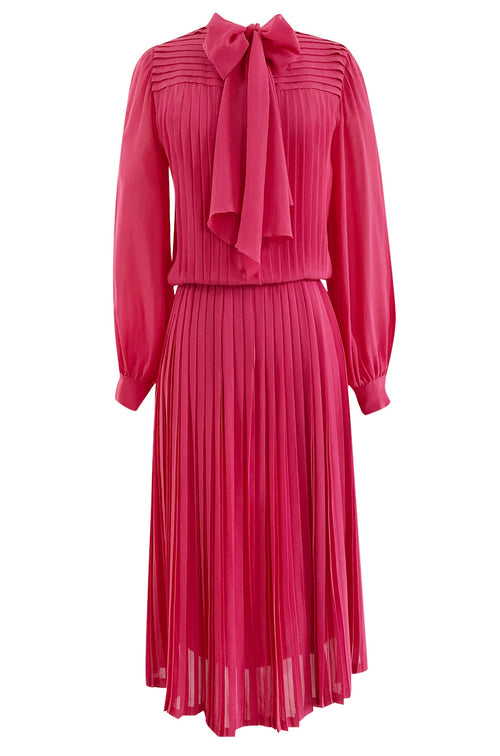 1970s Louis Feraud Haute Couture Hand Pleated Pink Silk Chiffon Day Dress w Bow