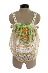 1960s Handmade Crocheted Crop Top w Longer Set Front & Flower Details