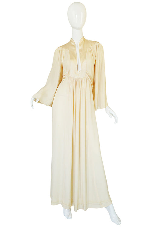 Rare 1960s Ossie Clark Cream Fortuny Pleat Plunge Dress