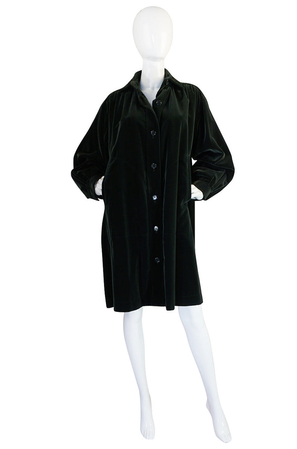 1970s Bottle Green Yves Saint Laurent Velvet Smock Coat