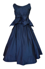 1950s Pauline Trigere Blue Silk Taffeta Cocktail Skirt, Top & Sash