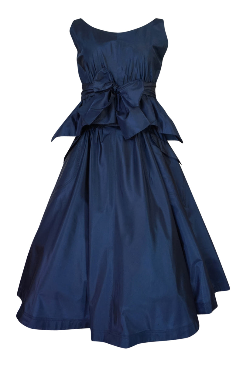 1950s Pauline Trigere Blue Silk Taffeta Cocktail Skirt, Top & Sash