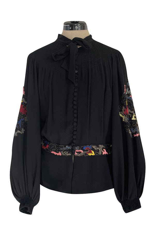 Extraordinary 1940s Hand Embroidered & Beaded Black Moss Crepe Balloon Sleeve Top