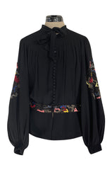 Extraordinary 1940s Hand Embroidered & Beaded Black Moss Crepe Balloon Sleeve Top