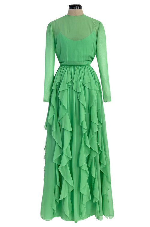 Spring 1981 Bill Blass Pastel Green Silk Chiffon Dress w Elaborate Vertically Set Ruffled Skirt
