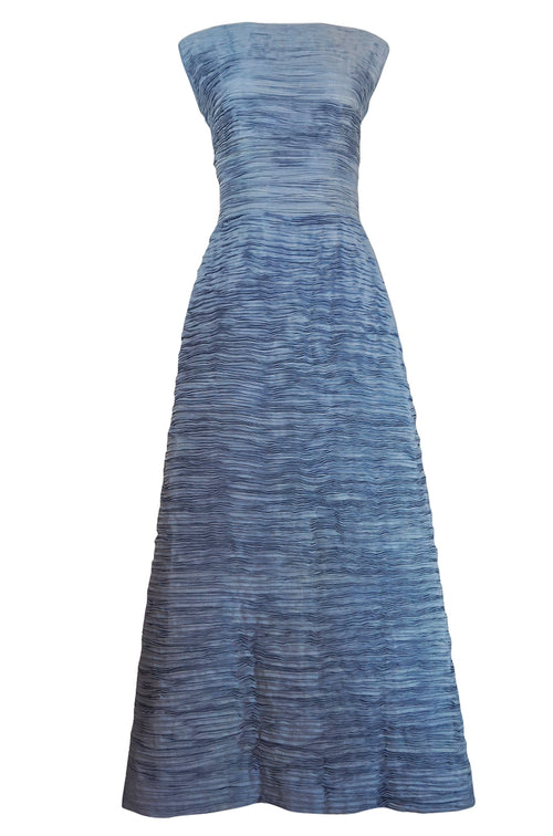 c.1965 Sybil Connolly Couture Bow Detailed Blue Pleated Irish Linen Dress