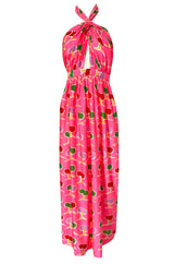 1973 Oscar de la Renta Brilliant Pink Backless Halter Dress w Front Keyhole