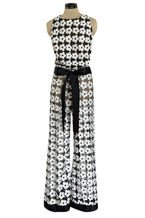 Spring 2015 Chanel by Karl Lagerfeld Black Net & White Sequin Flower Pant & Top Set