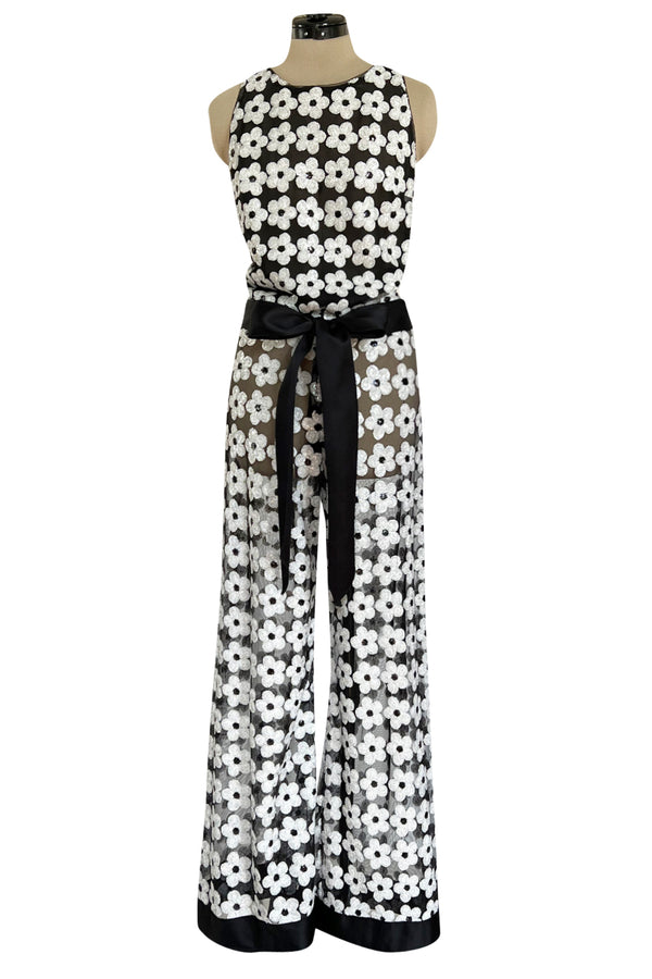 Spring 2015 Chanel by Karl Lagerfeld Black Net & White Sequin Flower Pant & Top Set
