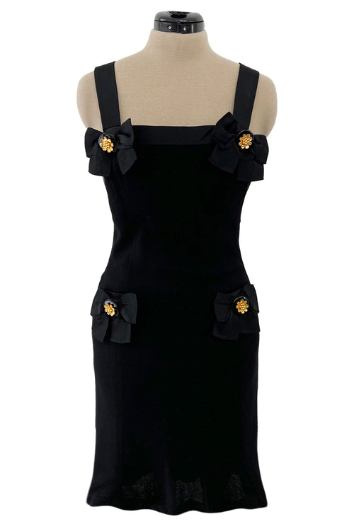 Incredible 1990s Gemma Kahng Black Backless Mini Dress w Bow & Gold Button Detailing