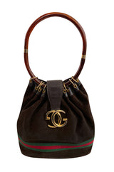 Rare & Original 1970s Gucci Deep Chocolate Suede Bucket Bag w Lucite Handle & Stripes