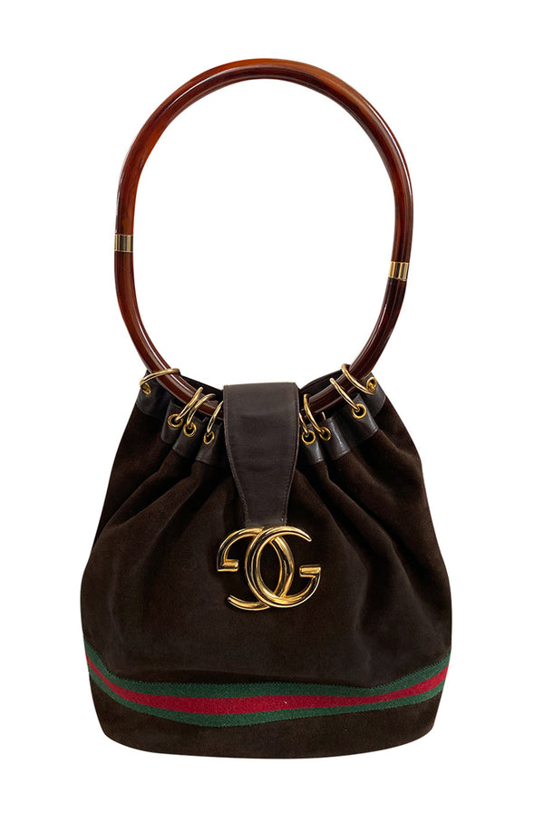 Rare & Original 1970s Gucci Deep Chocolate Suede Bucket Bag w Lucite Handle & Stripes
