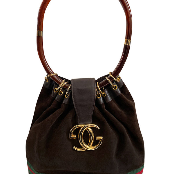 Rare & Original 1970s Gucci Bucket Canvas Logo & Leather Bag w Lucite –  Shrimpton Couture