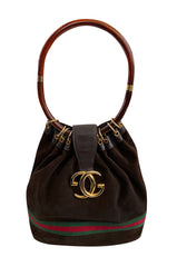 Rare & Original 1970s Gucci Deep Chocolate Suede Bucket Bag w Lucite Handle & Stripes