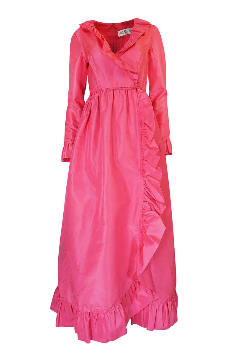 1970s Mollie Parnis Pink Silk Taffeta Dress w Ruffle Detailing