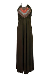 1970s Joy Stevens Embroidered Brown Jersey Halter Dress