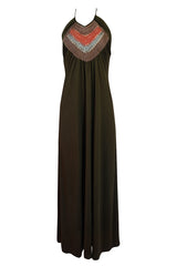 1970s Joy Stevens Embroidered Brown Jersey Halter Dress