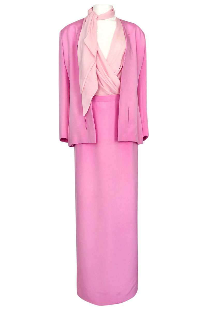 1980s Bill Blass Baby Pink Evening Jacket, Skirt & Silk Top Dress Suit