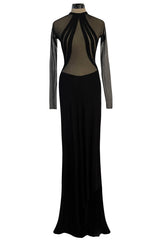 Spectacular 2005 John Anthony Couture Black Stretch Jersey Dress w Curved Netted Cut Outs
