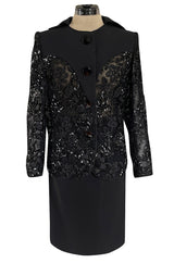 1980s Ady Couture Lausanne Transparent Lace & Sequin Jacket Suit w Black Pencil Skirt
