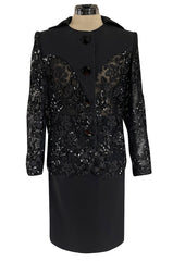 1980s Ady Couture Lausanne Transparent Lace & Sequin Jacket Suit w Black Pencil Skirt