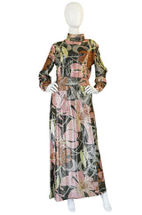 1970s Harry Levine Pink Print Lurex Lame Pocket Dress