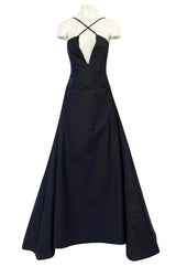 1990s Calvin Klein Black Front Plunge Halter Dress w No Back and Long Full Skirt