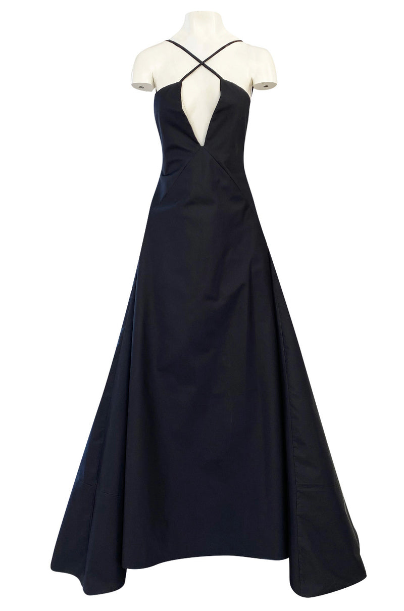 1990s Calvin Klein Black Front Plunge Halter Dress w No Back and Long Shrimpton Couture 1990s Calvin Klein Black Front Plunge Halter Dress w No Back and Long Shrimpton Couture