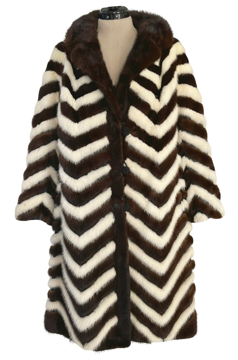 Wonderful 1960s Mink Coat w a Deep Brown Chocolate & Ivory Fur & Leather Chevron Pattern
