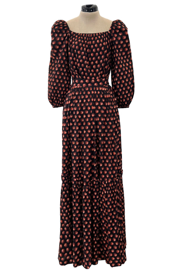 Incredible 1970s Givenchy Demi-Couture Pinecone Print Ruffle Skirt & Peaked Shoulder Top Set