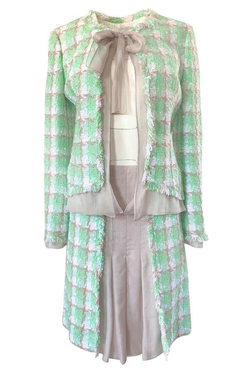 2004 Chanel Cruise Documented Mint Green Boucle & Silk Chiffon Suit