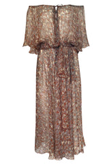 1970s Scott Barrie Off Shoulder Taupe Print Silk Chiffon Midi Dress