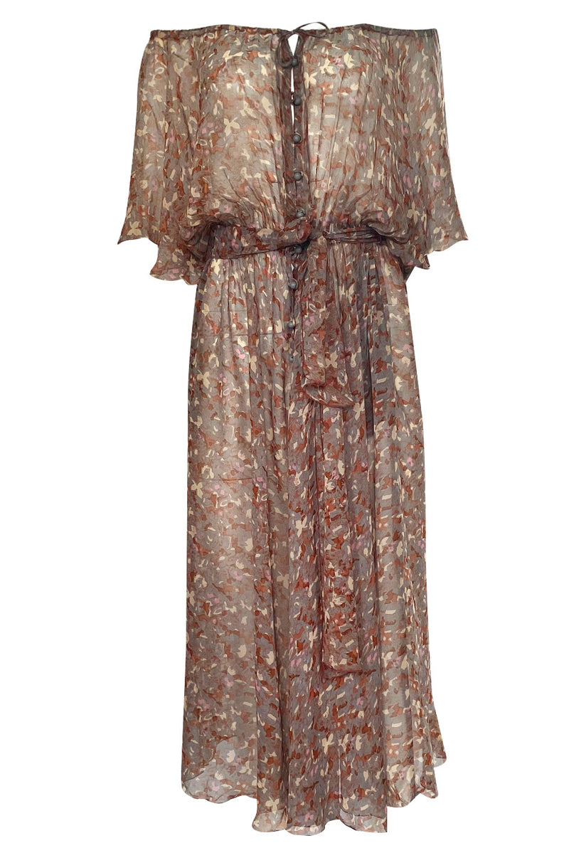 1970s Scott Barrie Off Shoulder Taupe Print Silk Chiffon Midi Dress