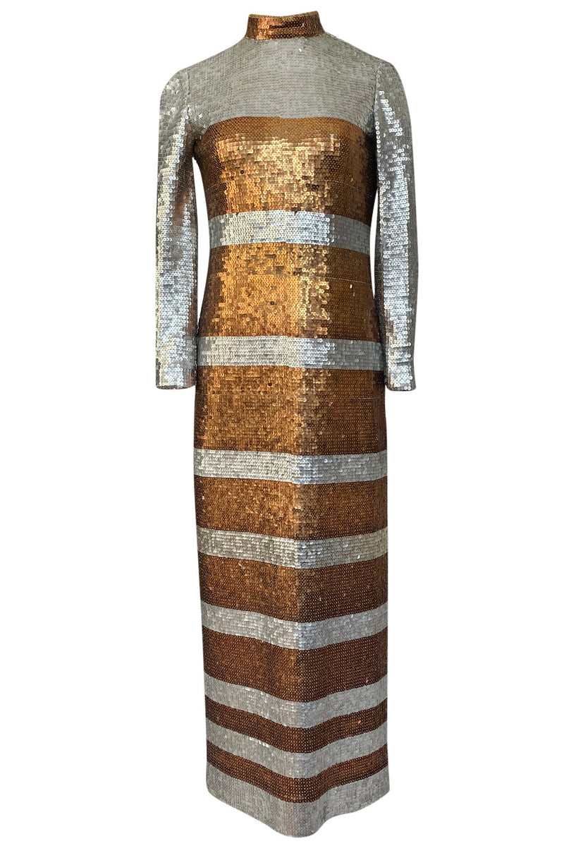 1970s Edward Parnes Striped Silver & Copper Densely Sequin Dress Shrimpton Couture 1970s Edward Parnes Striped Silver & Copper Densely Sequin Dress Shrimpton Couture