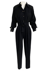 1980s Yves Saint Laurent Black Snap Front Flight Jumpsuit w Slip Belt