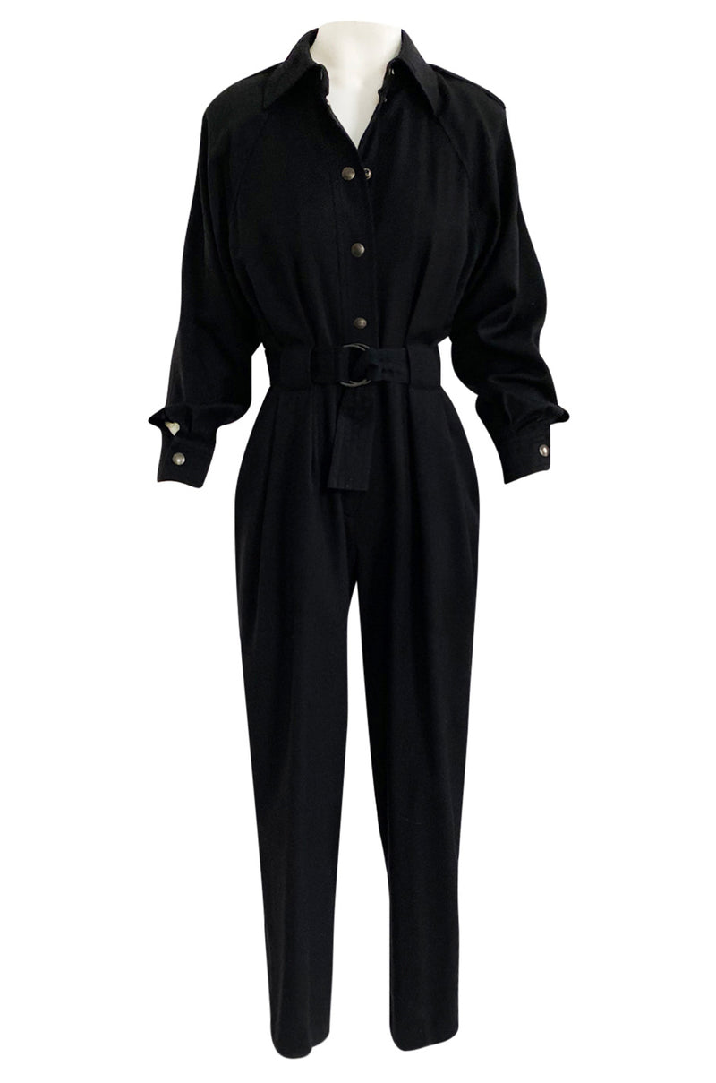 1980s Yves Saint Laurent Black Snap Front Flight Jumpsuit w Slip Belt