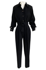 1980s Yves Saint Laurent Black Snap Front Flight Jumpsuit w Slip Belt