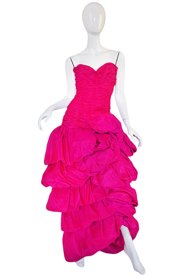 1980s Vivid & Dramatic Loris Azzaro Couture Pink Silk Gown