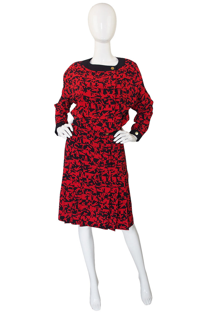 1980s Print Red & Navy Chanel Skirt and Top Set