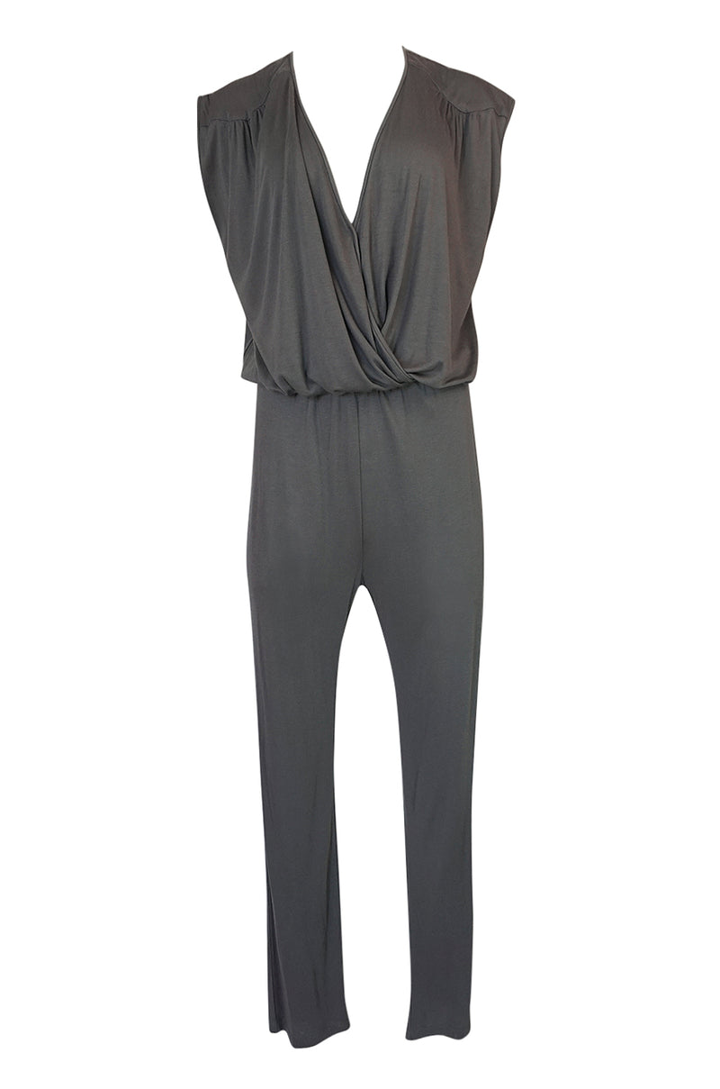 S/S 2009 Halston Grey Jersey Plunge Front and Back Jumpsuit