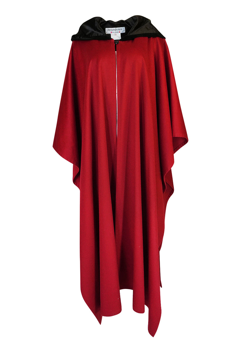 1970s-1980s Yves Saint Laurent Red Wool Cape w Black Velvet Hood