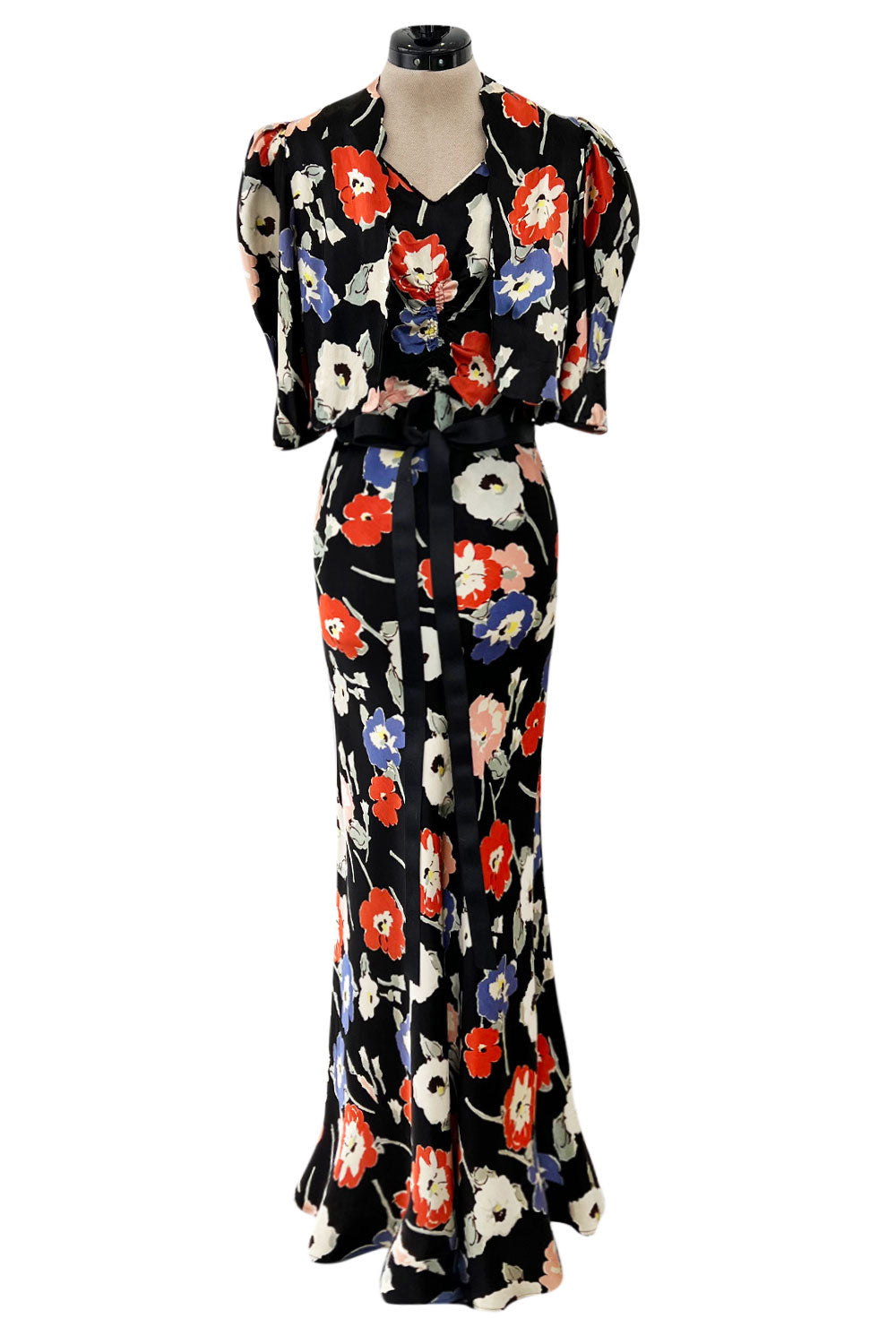Beautiful 1930s Bias Cut Heavy Silk Satin Floral Print Dress w Scallop ...