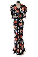 Beautiful 1930s Bias Cut Heavy Silk Satin Floral Print Dress w Scalloped Edged Jacket