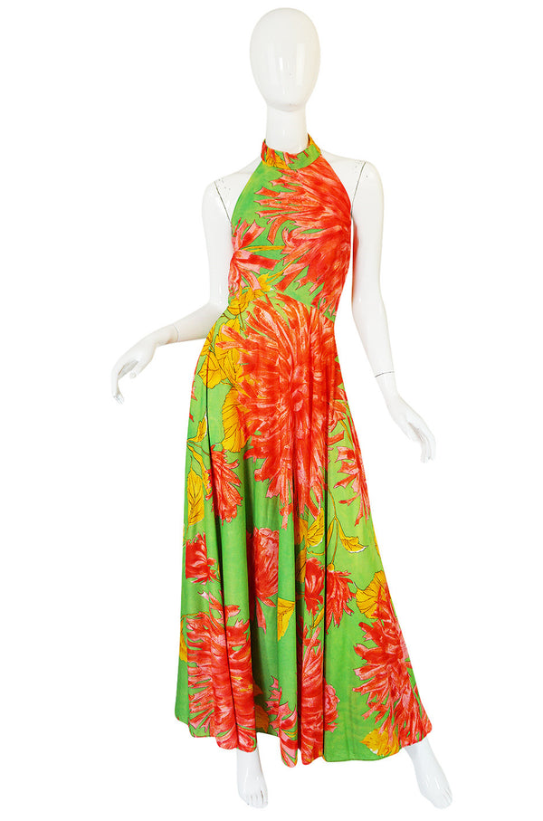 1970s Backless Nylon Jersey Tropical Halter Dress