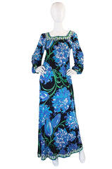 1970s Blue Print Silk Jersey Pucci Caftan Dress
