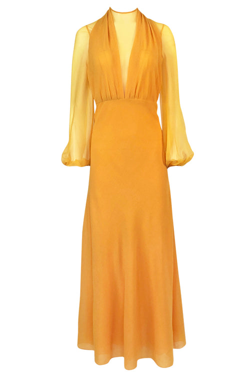 Spring 1972 James Galanos Couture Deep Yellow Silk & Chiffon Plunge Dress
