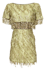 1991 Bob Mackie Gold Sequin Dangle Thread on Metallic Lace Mini Dress